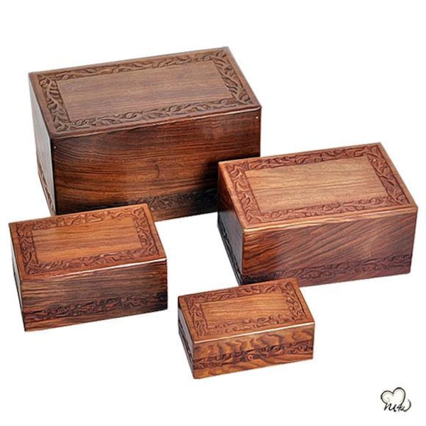 Wooden Cremation Urn with Solid Rosewood Border Carved Design