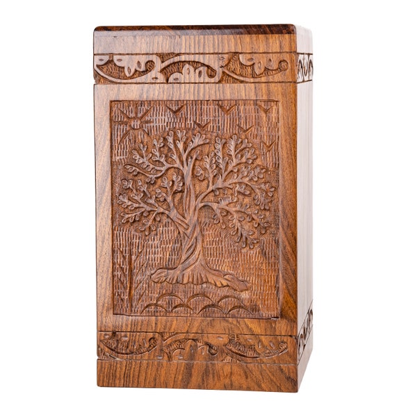 Solid Rosewood Engraved Tree Adult Cremation Urn for Ashes