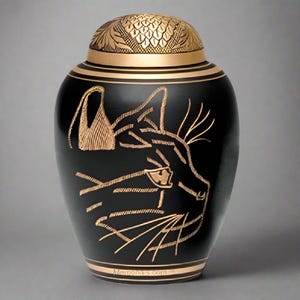 Engraved Cat Face Cremation Urn: Solid Brass, Black & Gold