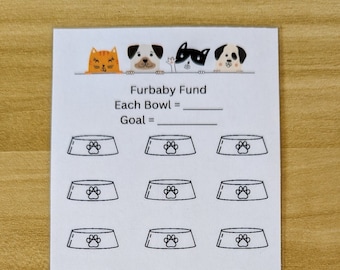 May include: A printable sheet with a paw print design for a Furbaby Fund. The sheet has a section for writing in the amount for each bowl and the goal amount. There are 20 paw print bowls on the sheet.
