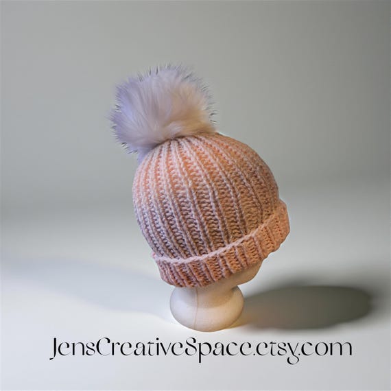 Handmade Chunky Knit Beanie: Pink & Gray Sparkle, Faux Fur  display picture 1