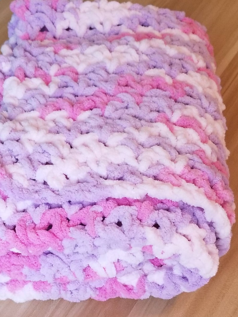 Crocheted Baby Girl Blanket in Pink White and Purple. image 2