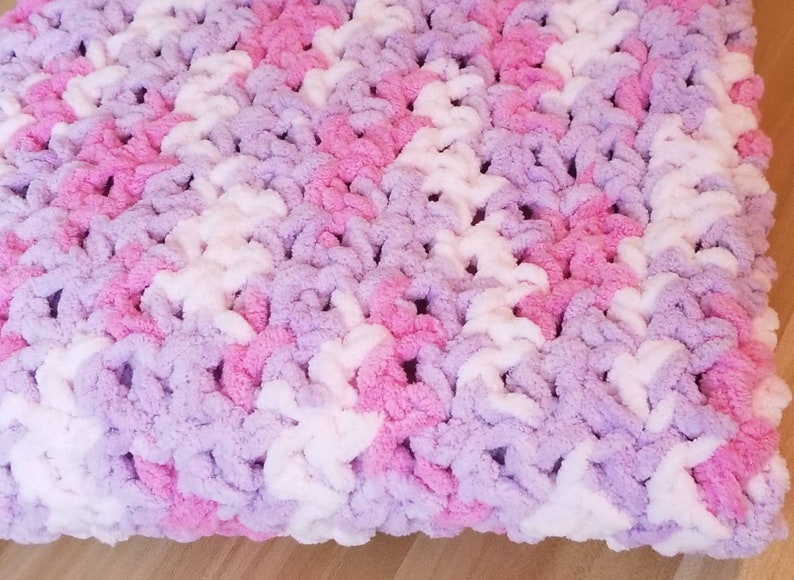 Crocheted Baby Girl Blanket in Pink White and Purple. image 3