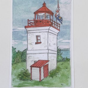 May include: Watercolor painting of a white lighthouse with a red roof and a small red outbuilding. The lighthouse has a flagpole with a Canadian flag flying from it. The lighthouse is surrounded by green grass and trees.