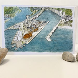 May include: A watercolor illustration of a factory complex on a peninsula with a long pier extending into the water. The factory has a tall silo and several buildings with brown roofs. The water is a light blue color and the sky is white.