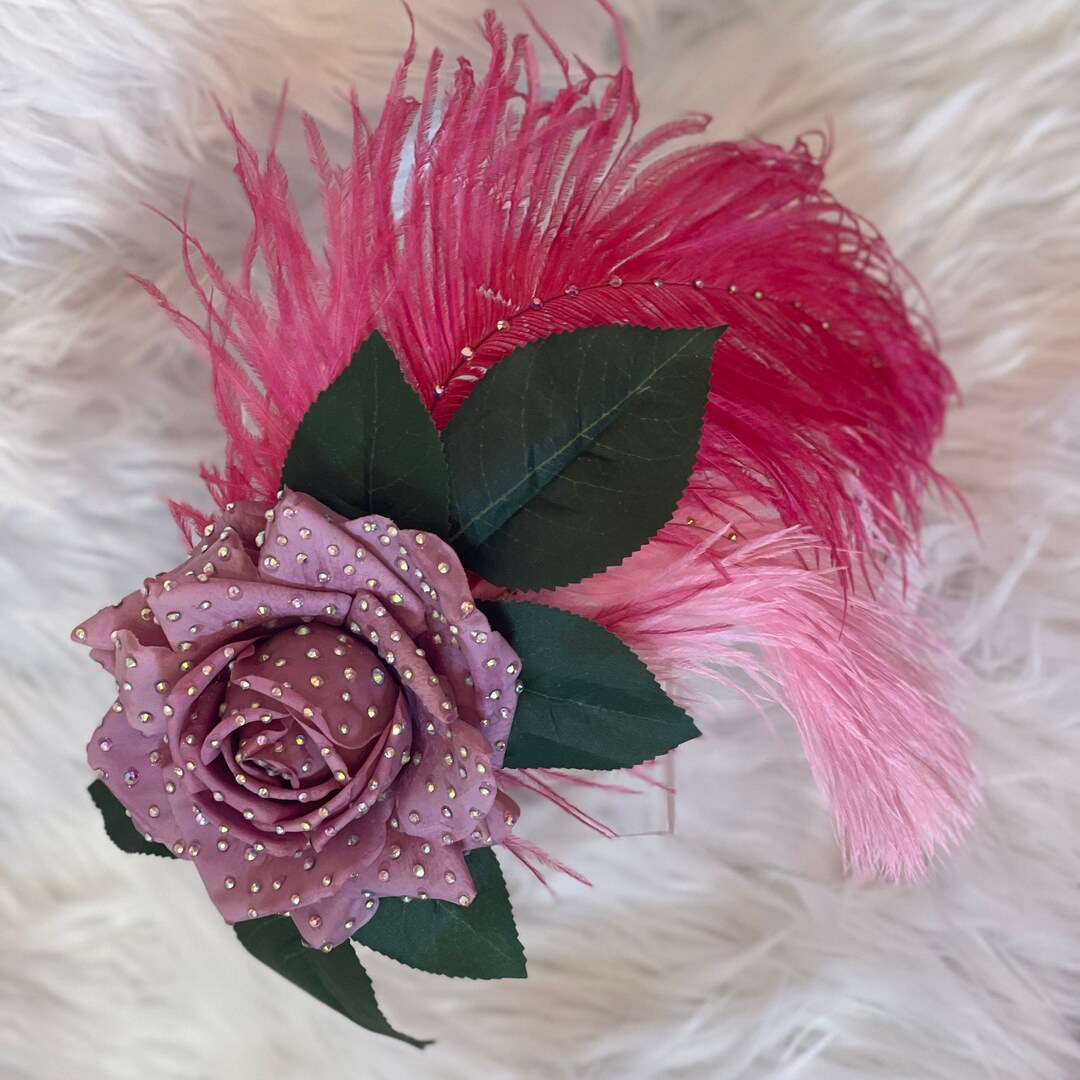 Dusty Rose Rhinestone XL Dusty Pink Rhinestone Encrusted Rose With Ostrich Feathers and ...