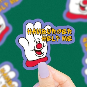 Hamburger Help Me Aufkleber, lustige Aufkleber, 90er Jahre Aufkleber, Vintage Aufkleber, 80er Jahre Aufkleber, 90er Jahre Nostalgie, sarkastische Aufkleber, Wortspiele