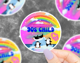 90s Child Holographic Sticker, Lisa Frank Style Sticker, 90s Girl Sticker, 90s Nostalgic Sticker, Penguins, Circle Sticker, Sparkly Sticker