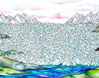 Peut inclure: Peinture à l'aquarelle d'un paysage glaciaire. L'œuvre représente un grand glacier de couleur turquoise, entouré de montagnes et d'une rivière bleue. Le ciel présente des nuages roses et blancs.