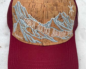 Hand Painted Coastal Alaska Avalanche Center Cork Baseball Hat - burgundy