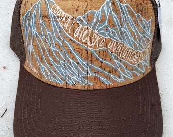 Hand Painted Coastal Alaska Avalanche Center Cork Baseball Hat - brown