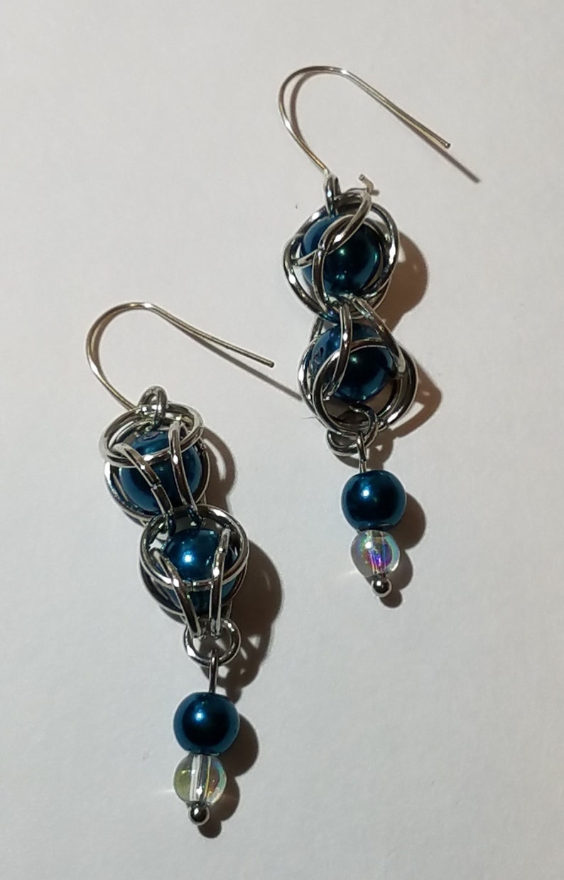 Metallic Blue Captured Bead Earrings