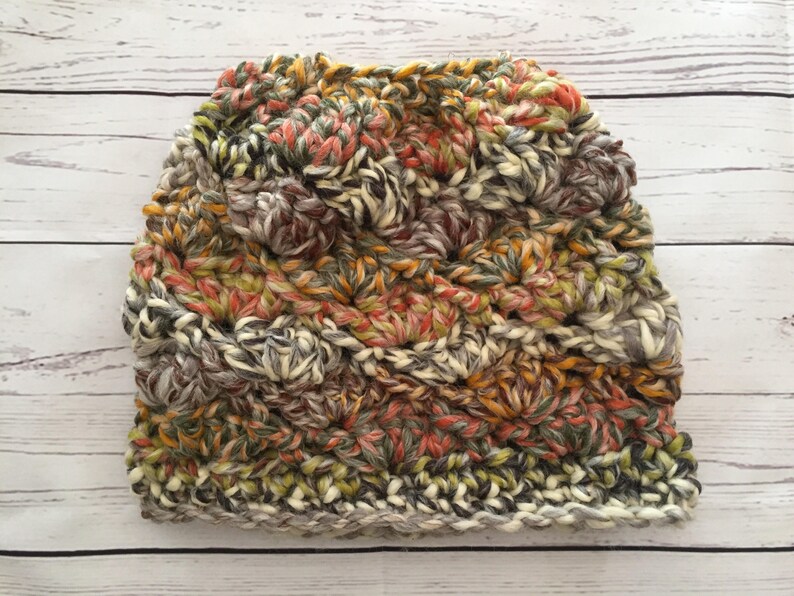 ponytail hat Crochet textured messy bun beanie