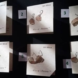 May include: Earrings displayed on cards. Each card features the text "NH Mica" and "it's-a-Pecora™". The earrings are a light brown color and have a unique, irregular shape. The background is dark.