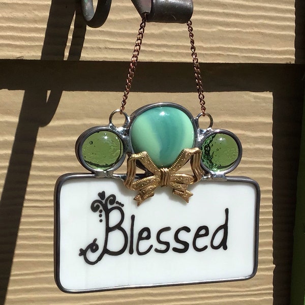 BLESSED, Inspirational Words, Personalized NAME-Hand Lettered BLACK Fused Glass on White Background, glass nuggets, Brass Filigree*