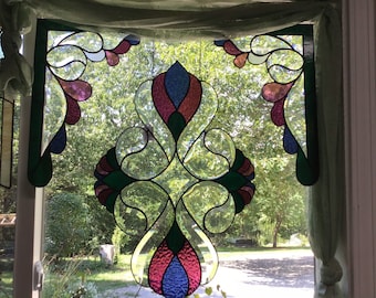 YING & YANG BEVEL with Corners in Burgundy, Navy, and Hunter Green Stained Glass Window Hanging from In His Garden Creations*