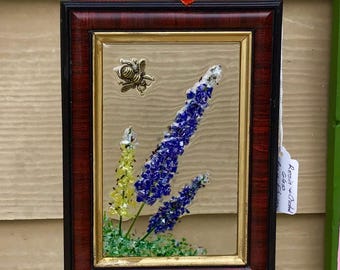 Reclaimed Frame Art: Resin Stained Glass Flowers, Metal Bee Decor