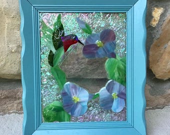 Stained Glass Hummingbird & Morning Glories: Recycled Wood Frame Art
