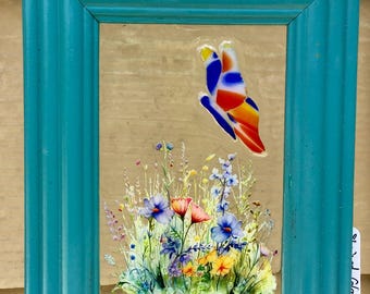 Stained Glass Butterfly:WildFlower Decal Crushed Glass French Blue Beveled Frame