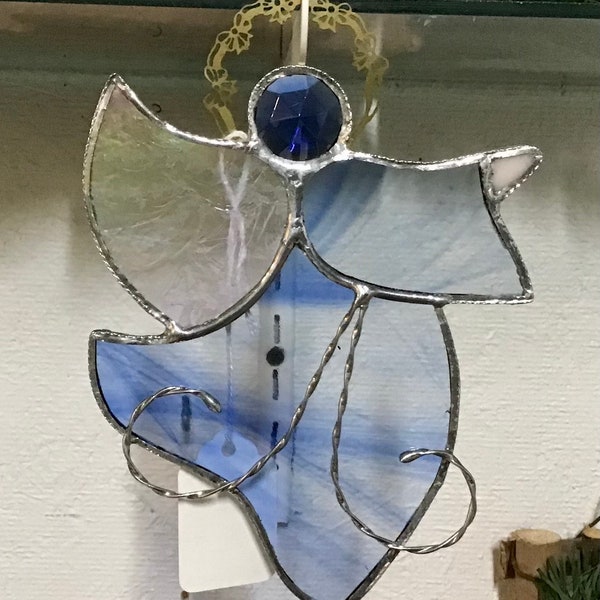 CYNTHIA ANGEL Baroque Blue Glass Iridized Glue Chip Stained Glass Small Angel, Memorial Angel, Wedding Gift from In His Garden Creations *
