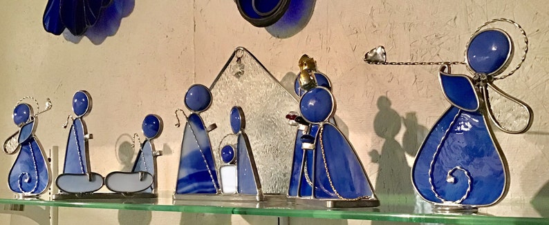 Large 5 piece Nativity Scene in cotton candy BLUE and CLEAR Mary Joseph Baby Jesus Nativity Shepherds Angels* Wise Men