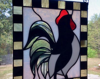 Stained Glass Rooster Window Hanging: Black, White & Gold Farmhouse Decor