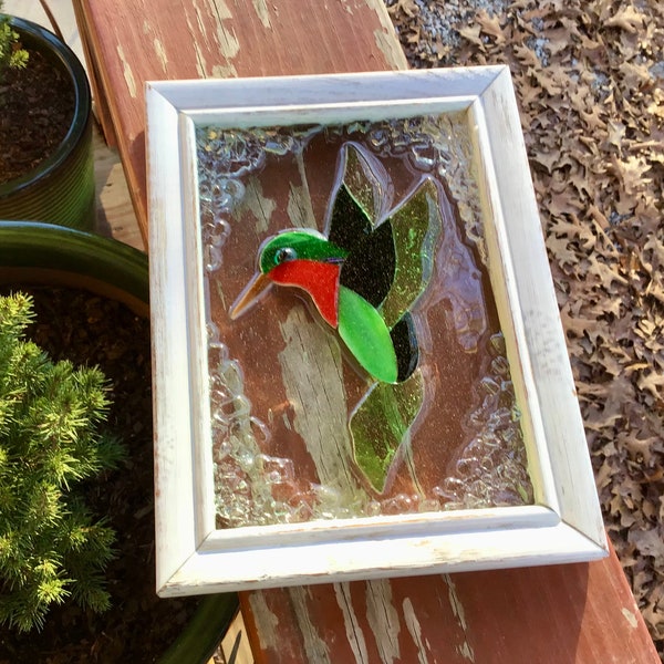 Portrait Ruby Throated Hummingbird,Crushed GLASS WHITE Framed HUMMINGBIRD,Resin and Stained Glass 7 1/2”x9 1/2” In His Garden Creations*