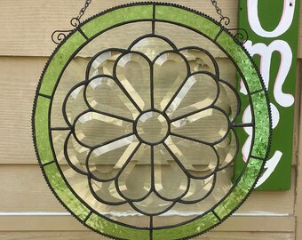 Stained Glass Flower Bevel Circle: Green Daisy Embossed Glass Art