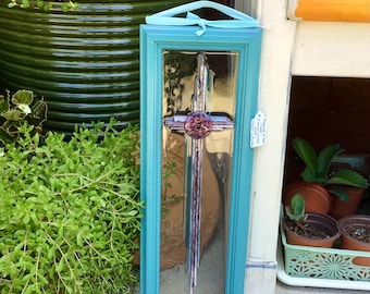 Stained Glass Cross: Teal Mauve Pinwheel Jewel, In His Garden Creations