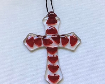 Fused Glass Friendship Cross, Red Ornament, Car Charm
