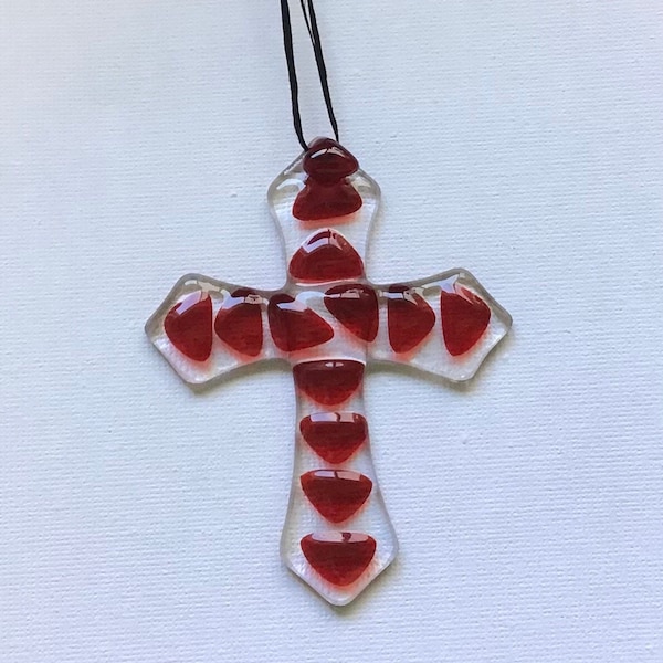 RED CROSS, Friendship Cross, Small Fused GLASS Cross, Christmas Cross, from In His Garden Creations*