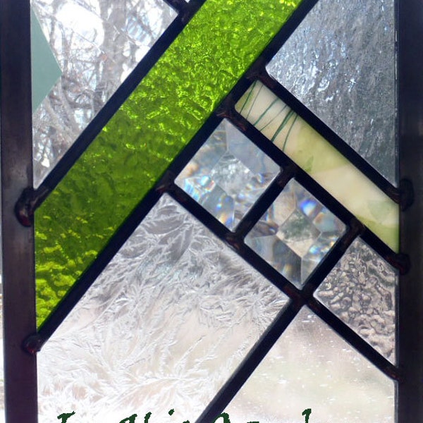 Stained Glass Panel, Simple Lime Green Geometric Stained Glass Suncatcher Panel 7” x 10