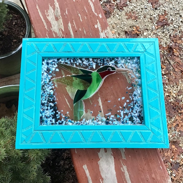 TURQUOISE Framed RUBY HUMMER Stained Glass, Crushed Glass, and Resin Art, 7 1/2”x9 1/2” from In His Garden Creations*