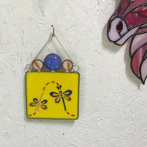Follow the Leader DRAGONFLIES, Fused Glass Paint on Yellow Opaque background  from In His Garden Creations*
