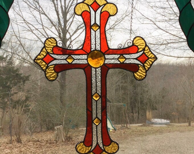 Lg STAINED GLASS CROSS Window Hanging, Brilliant Gold, Red, Clear Glass, 50mm Amber Jewel, 51/2