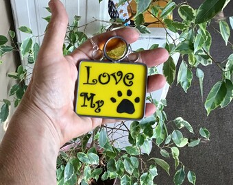 Fused Glass Pet Memorial Ornament: Yellow & Black Paw Print