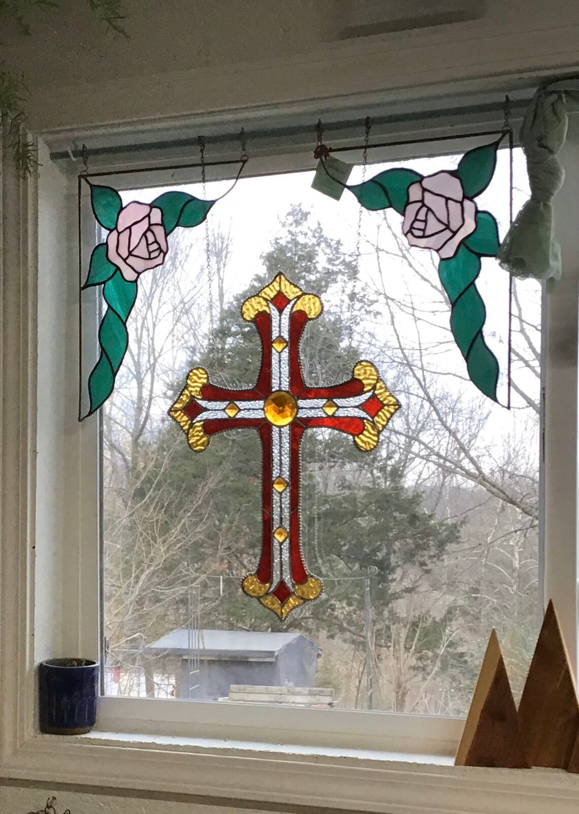 Lg STAINED GLASS CROSS Window Hanging Brilliant Gold Red Etsy