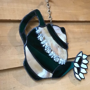 SUNFLOWER TEAPOT Tea Kettle Stained Glass Window Hanging, Hunter Green adorned with a metal garden theme bracelet In His Garden Creations*