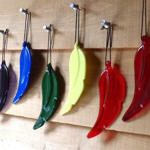 Puede incluir: Siete adornos de plumas de vidrio colgando de ganchos en una pared de madera. Las plumas son de varios colores, incluyendo azul, verde, amarillo, rojo y morado.