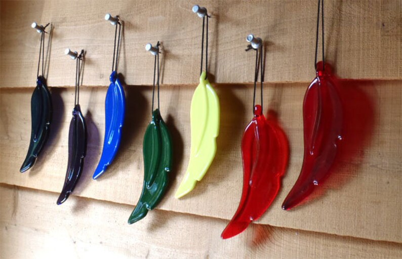 Puede incluir: Siete adornos de plumas de vidrio colgando de ganchos en una pared de madera. Las plumas son de varios colores, incluyendo azul, verde, amarillo, rojo y morado.