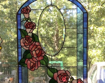 Pink Roses Stained Glass Panel: Beveled Oval, Blue Border