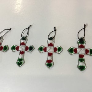 Fused Glass Christmas Cross Ornament: Green, Red, and White