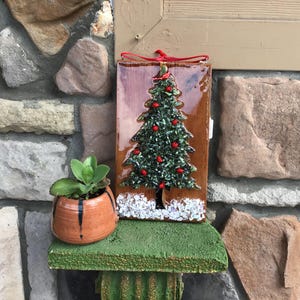 Stained Glass Christmas Tree Art: Reclaimed Cedar, Cardinal & Vintage Roses