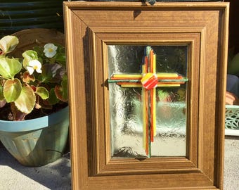 FALL Stained GLASS CROSS: Framed Oak Leaf Embossed Glass Green Orange Yellow Strips