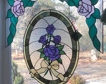 Victorian Stained Glass Rose Window Panel: Purple Roses, Gold Ribbon