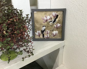 Fairy Flycatcher and Tulip Tree Canvas Art: Crushed Glass Resin (8”x8”)