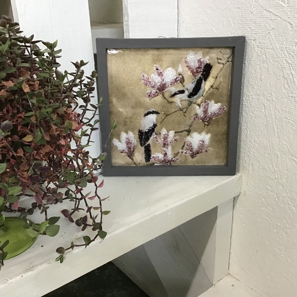 Fairy Flycatcher and Tulip Tree Canvas, Pink and White Crushed Glass, and Resin 8”x8” from In His Garden Creations*