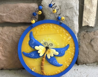 Dragonfly Wall Art: Mixed Media Wood Circle with Crushed Glass