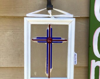 Stained Glass Cross: Red White Blue Strips, Beveled Jewel - 6x8” Framed