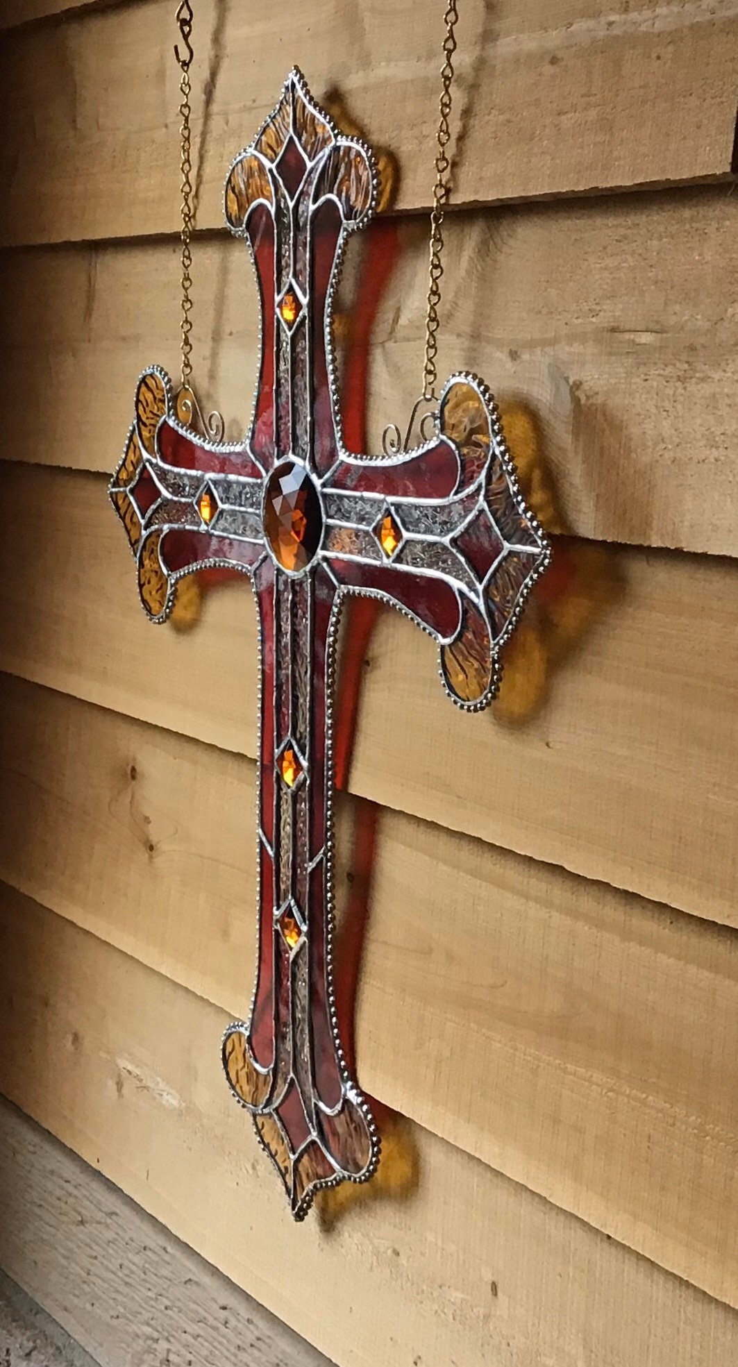 Lg STAINED GLASS CROSS Window Hanging Brilliant Gold Red Etsy